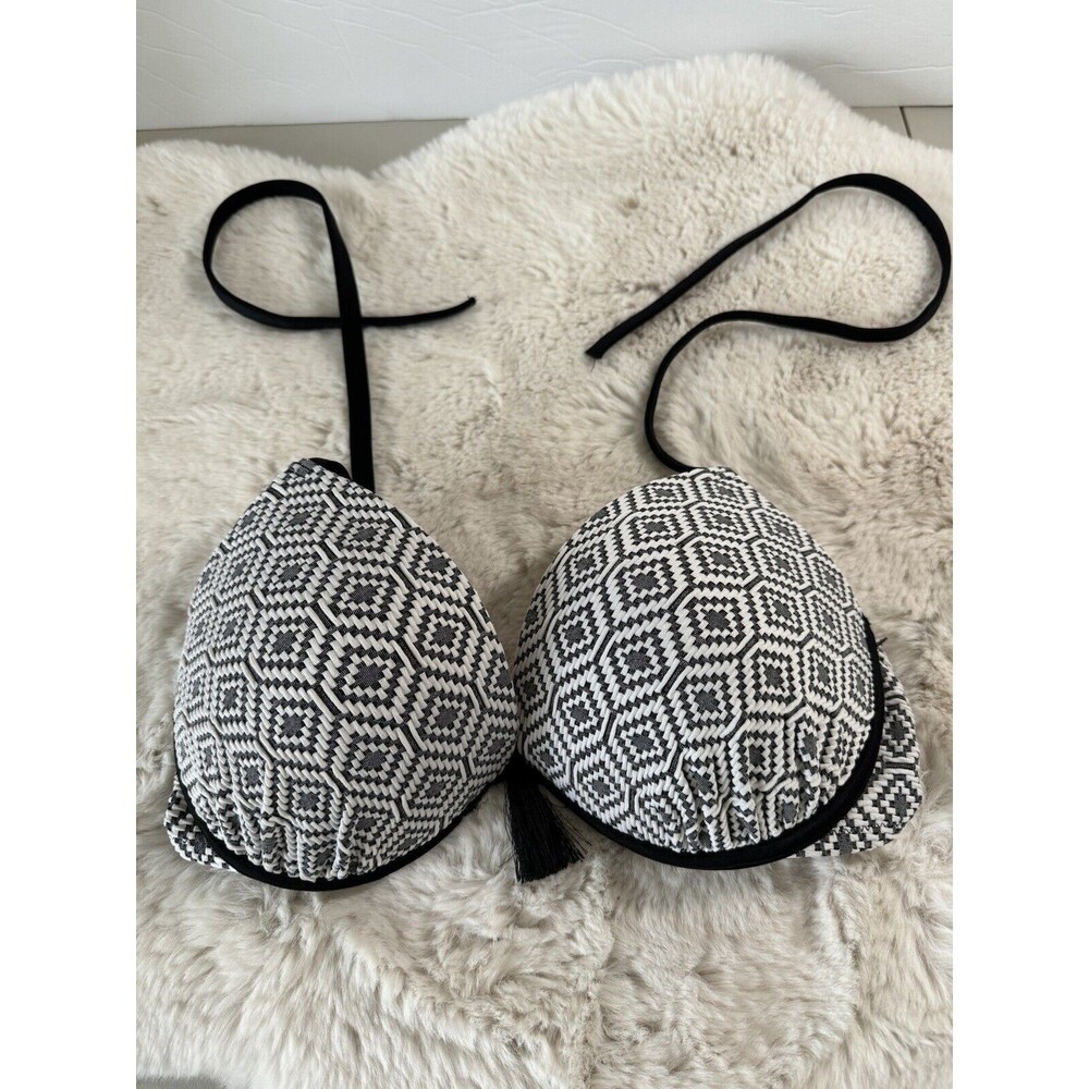 Shade Shore 34D Halter Bikini Top Swimsuit  Boho Black White Aztec Geometric EUC